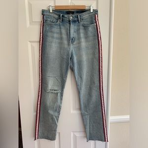 Banana Republic Jeans: Blue w/Red/White Side Stripe, 5-Pocket Distressed 31 Long
